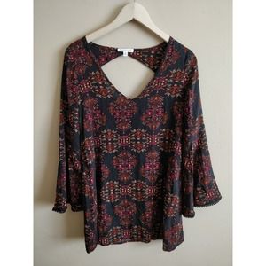 3/20 $Socialite Black Red Damask Print Tunic Mini Dress Bell Sleeve Size XS